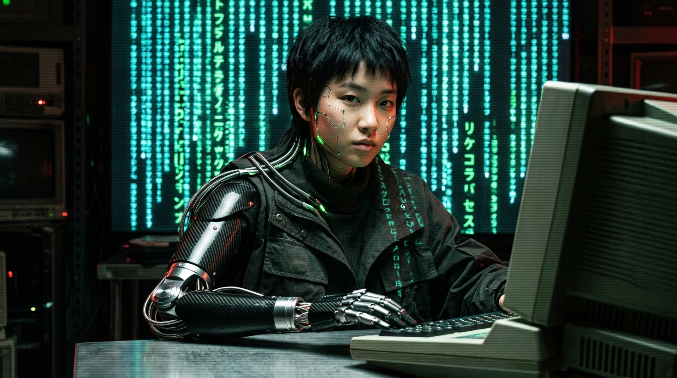 Cyborg operative with a mechanical arm in Matrix digital rain
